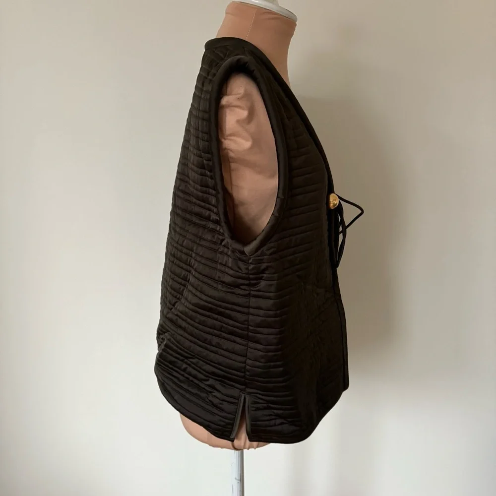 TORY BURCH Quilted Satin Midnight Green Golden Tie Closure Vest NWT Size 4
